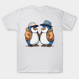 2 penguins wearing a coat and hats T-Shirt